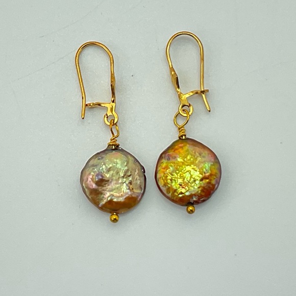 Copper Color Pearl Earrings, Handmad, Genuine Fresh Water Coin Pearl, Gold Plate - Picture 3 of 7
